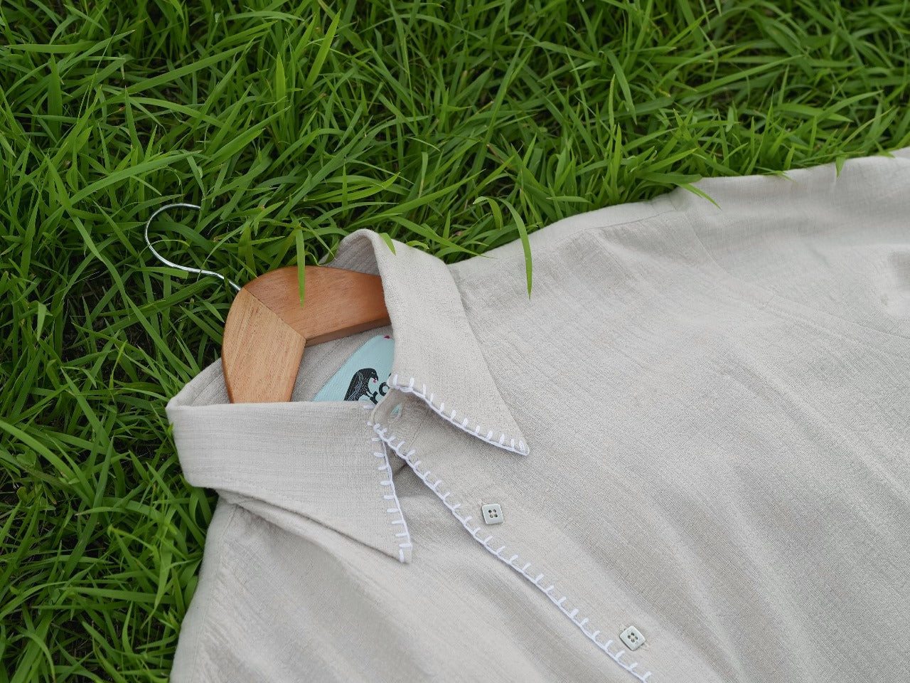 Beige & Moss Green Pointy Collar Shirt