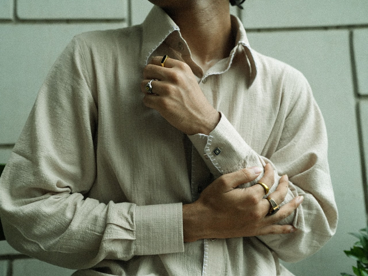 Beige & Moss Green Pointy Collar Shirt