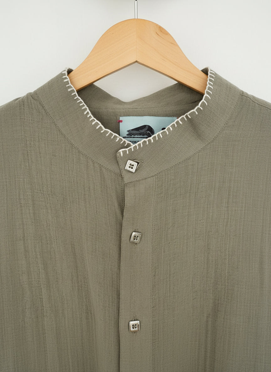 Beige & Moss Green Band Collar Shirt