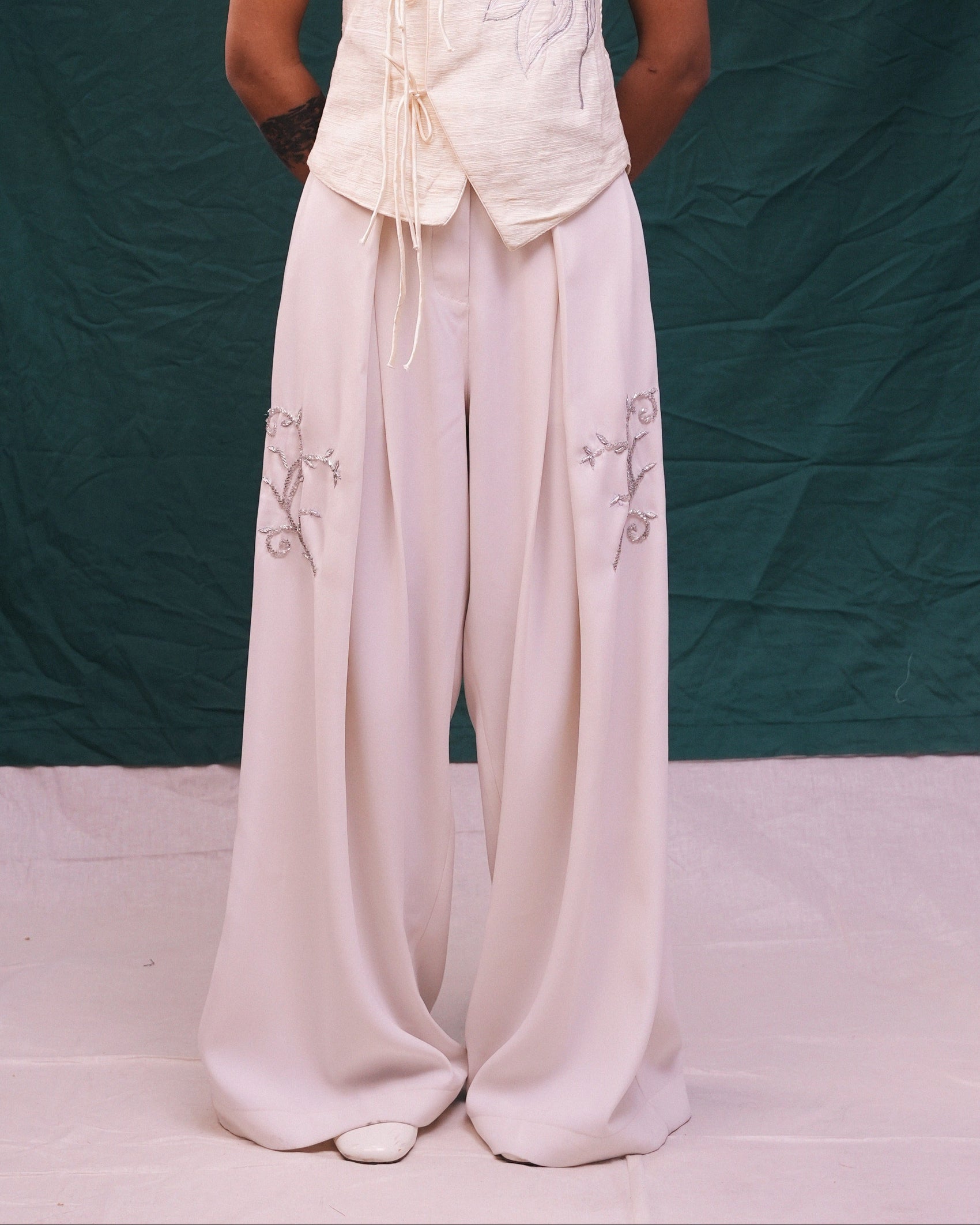 Ornamented Off-White Flared Pant