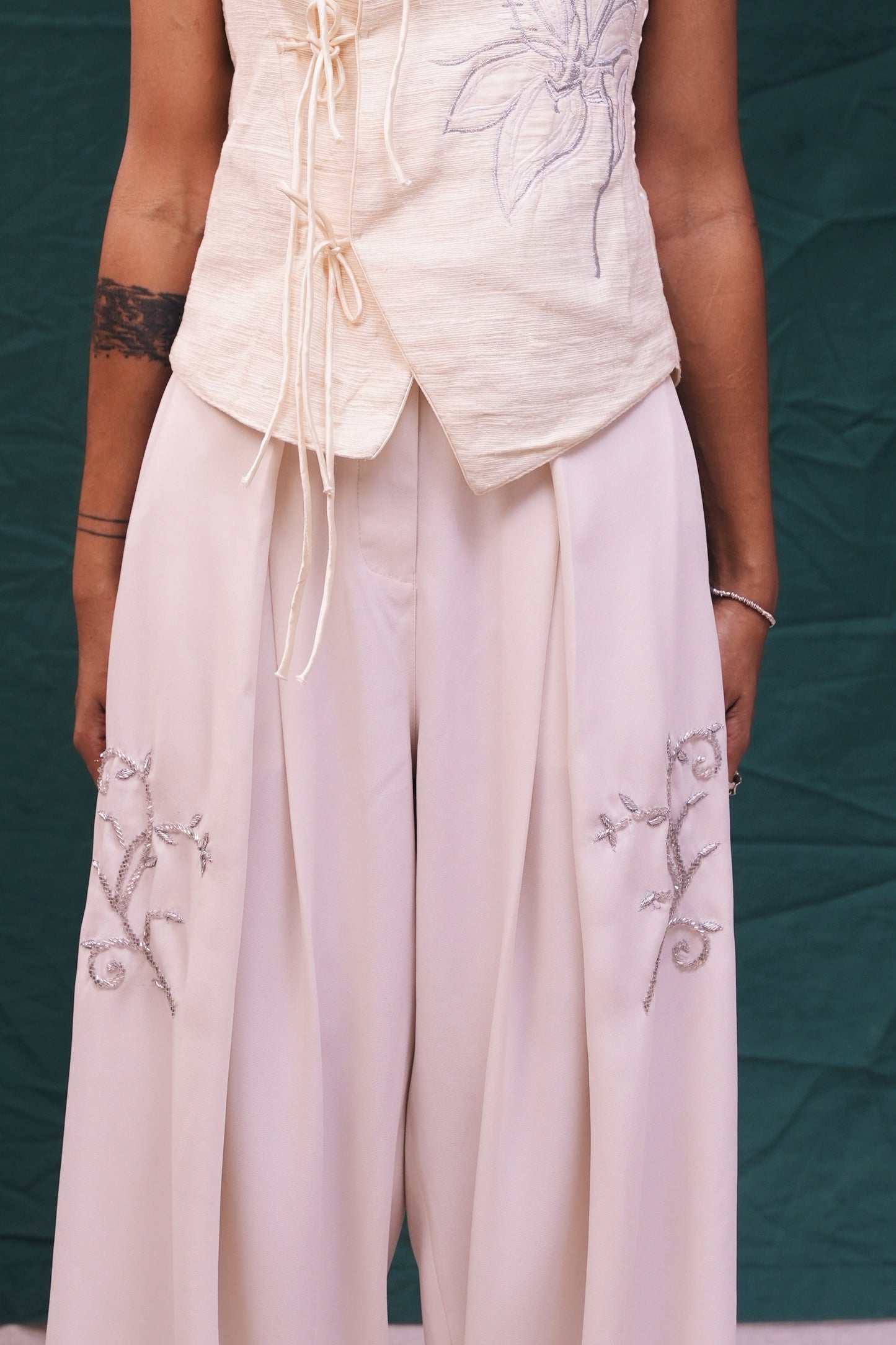 Ornamented Off-White Flared Pant
