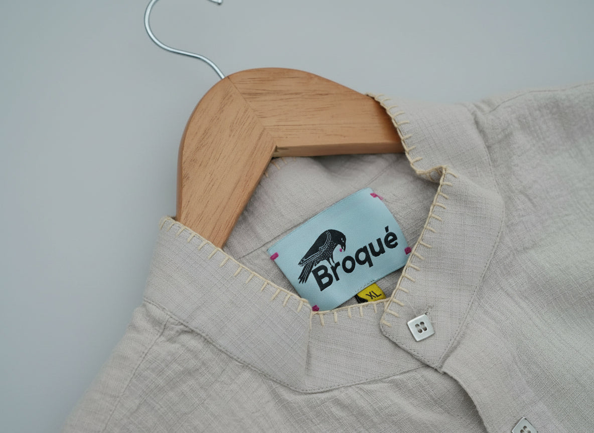 Beige & Moss Green Band Collar Shirt